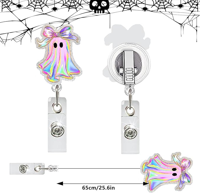 Halloween Badge Reel Retractable ID Name Holder Fun Cute Ghost with Bow Badge Charm Designs Acrylic Cartoon Spooky ID Badge Holder with Alligator Clip for Students Nurses Teachers ID Clip