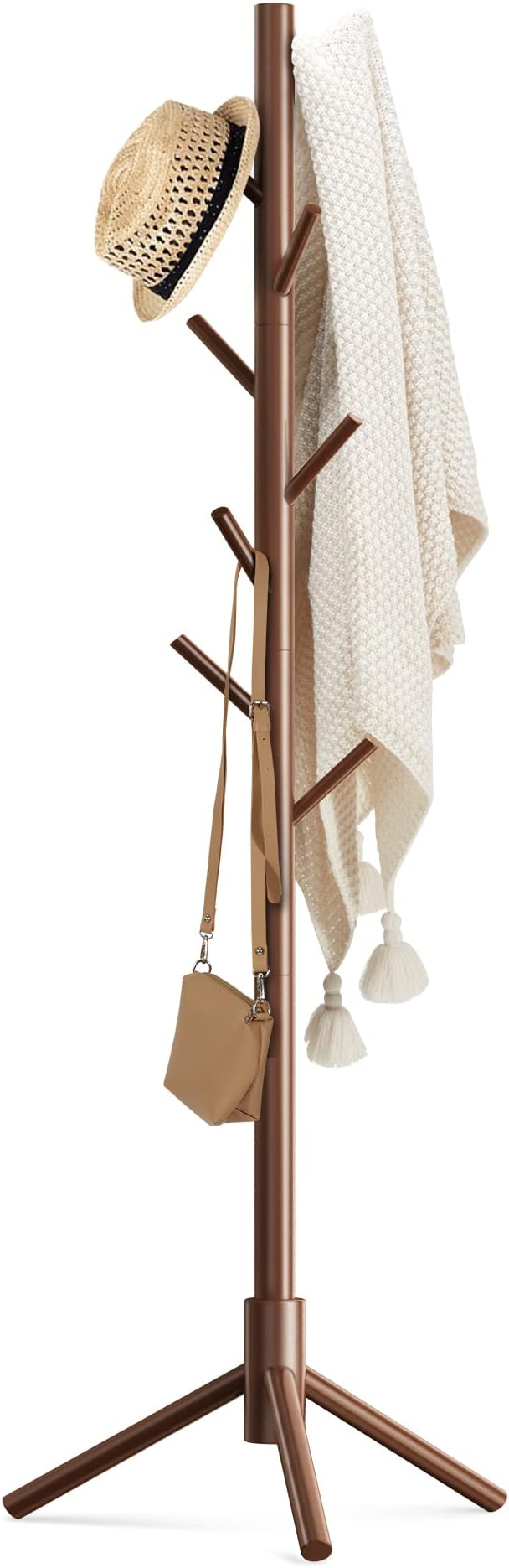 Haddockway Wooden Coat Rack Stand with 8 Hooks New Zealand Pine 3 Adjustable Coat Standing Tree Easy Assembly for Coats, Hats, Scarves and Handbags for Entryway, Hallway, Bedroom, Office