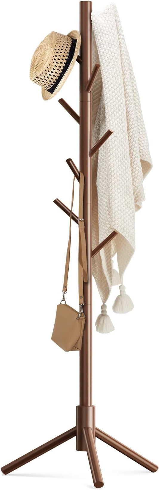 Haddockway Wooden Coat Rack Stand with 8 Hooks New Zealand Pine 3 Adjustable Coat Standing Tree Easy Assembly for Coats, Hats, Scarves and Handbags for Entryway, Hallway, Bedroom, Office