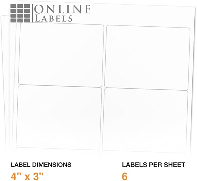4 x 3 Rectangle Mailing Labels - Permanent, White Matte - Shipping, Wine, Product - Pack of 600-100 Sheets - Inkjet/Laser Printers - Online Labels
