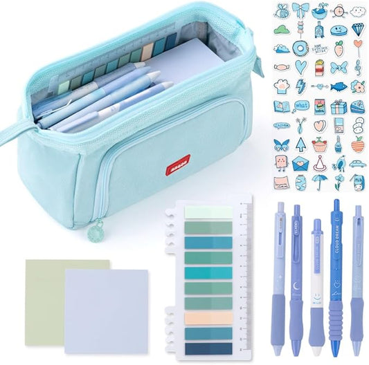 HVOMO Stationery Set,1 large-capacity pencil case,5 quick-drying pens,50 waterproof stickers,2 sticky note pads(200 sheets),1 set of 10-color index labels (200 sheets),Student stationery gift (Blue)