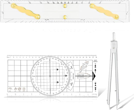 3 Pcs Basic Navigation Set,Including 15inch Parallel Ruler with Brass Arms, Nautical Protractor, and 6 Inch Marine Fixed Points Divider, Marine Accessories with Clear Scales for Boat
