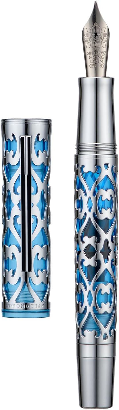 Hongdian D1 Piston Fountain Pen Extra Fine Soft Nib, Silver Blue Hollow Skeleton & Resin Pen with Metal Case Set
