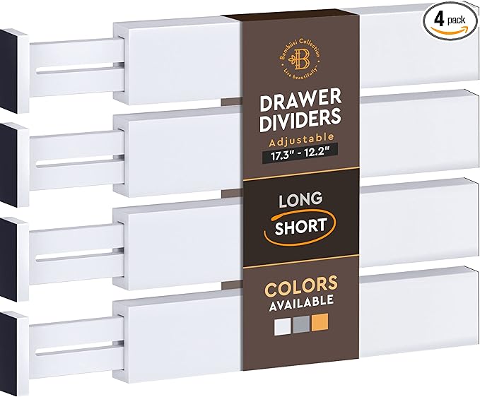 4 Pack Drawer Dividers Bamboo 2.6" High, 12.5"-17" Adjustable Drawer Organizers for Clothes, Expandable Dresser Separators in Bedroom/Bathroom/Kitchen/Office Organization and Storage (White)