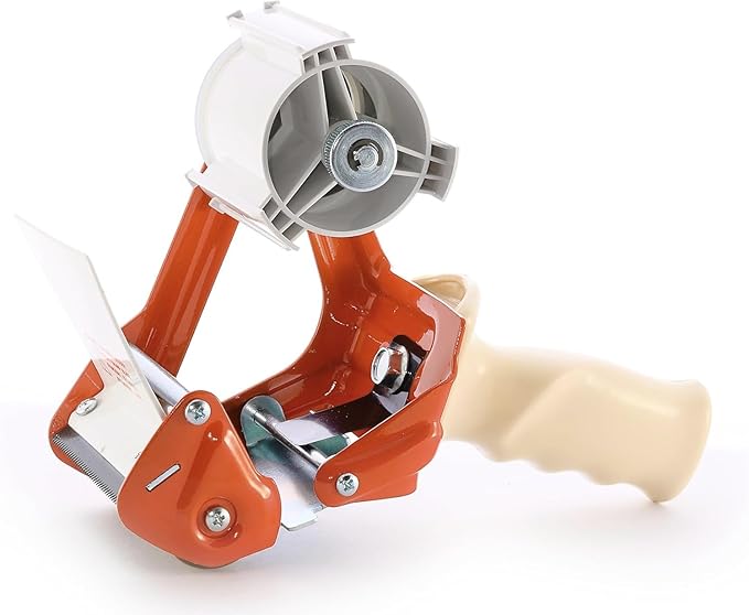 Heavy Duty Metal Frame Orange Packing Tape Dispenser 3 Inch Core with Special Ergonomic Handle, Tape Gun for Packing Boxes with Premium Tempered Steel Blade - for 3 inch Wide Roll