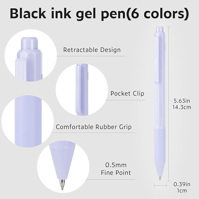 Gel Pens, 6 Pcs 0.5mm Black Ink Pens Fine Point Smooth Writing, High-End for Journaling Note Taking, Cute Office School Supplies Gifts for Adults