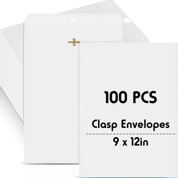 Geyee 100 Pcs Clasp Manilla Envelopes 9 x 12 Inch Gummed Colored Envelopes for Storing or Mailing for Home Office Business Supplies(White)