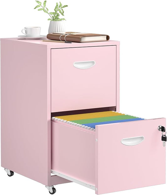 2 Drawer File Cabinet with Lock，Pink Rolling File Cabinet for Home Office, Metal Small Mobile Filing Cabinets on Wheels for Hanging Letter