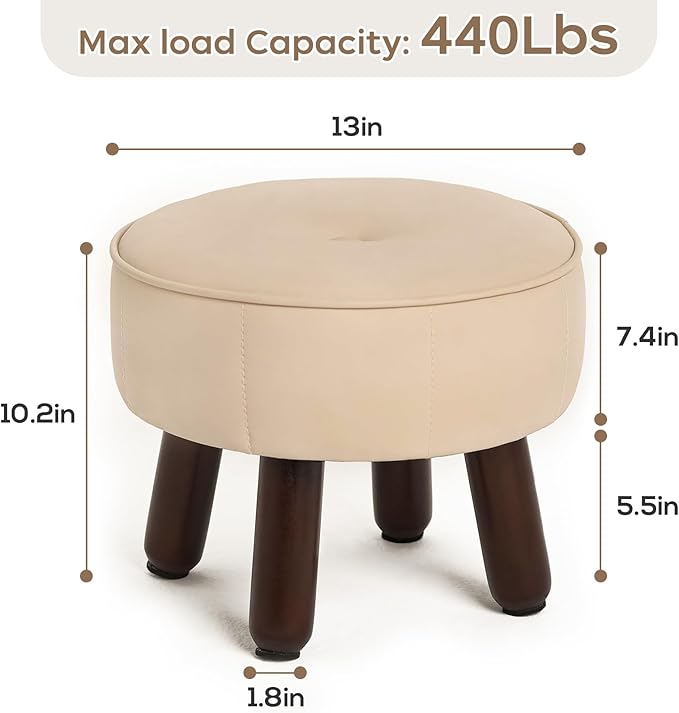 13in Small Foot Stool Ottoman, Round Faux Leather Foot Rest for Couch, Under Desk Pouf Footstool Footrest with Non-Skid Rubber Legs for Ling Room, Bedroom, 13''L x 13''W x 10.2''H, Beige