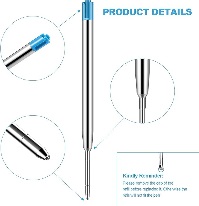 12 Pieces Pen Refills Blue Ink 1.0mm Medium Point Metal Ballpoint Refill Smooth Writing Pen Refills Replacement Refills for Retractable Ballpoint Pen School Office Supplies (Blue)