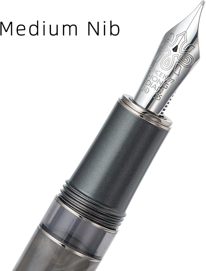Hongdian N7 Gray Resin Piston Fountain Pen Rabbit Cap, Iridium Medium Nib Classic Pen Smooth Writing Pen with Metal Box