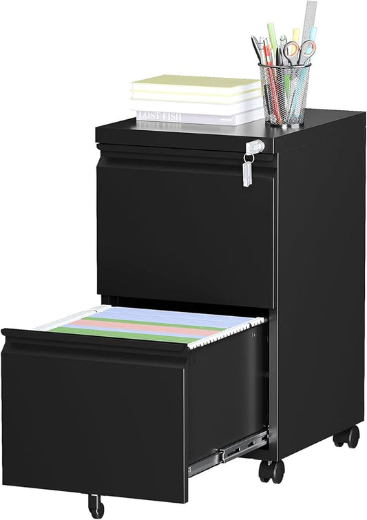 2 Drawer Locking Under Desk Metal Storage Cabinet on Wheels for Legal/Letter/A4 Files (Fully Assembled, Black)