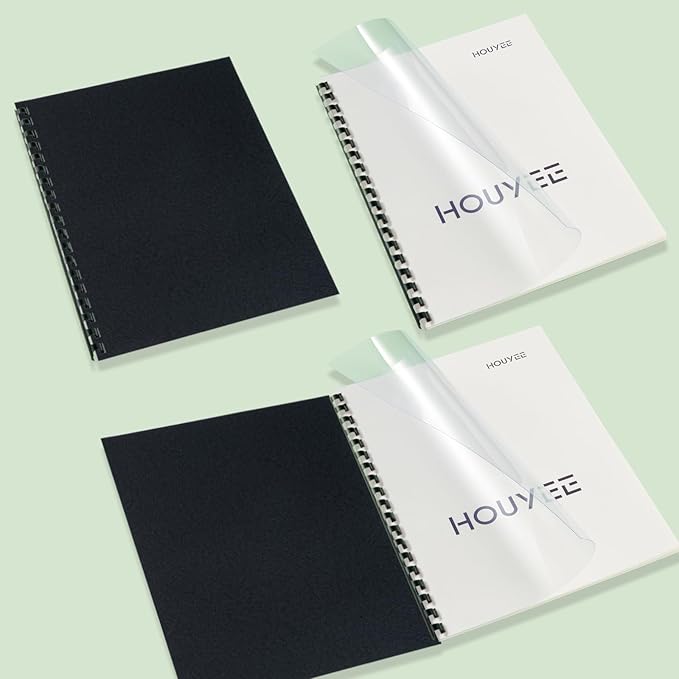HOUYEE Binding Covers and Combs Set, 8.5x11 Inches, Including 50 Pcs Leather Texture Paper Binding Covers, 50 Pcs 8 Mil Clear PVC Sheets and 20 Pcs Assorted Combs