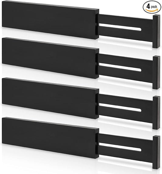 4 Pack Bamboo Drawer Dividers, Adjustable Length from 12 Inch to 17 Inch, Expandable Kitchen Drawer Organizer, Drawer Organization Separators for Clothes, Kitchen, Bedroom, Dresser, Office (Black)