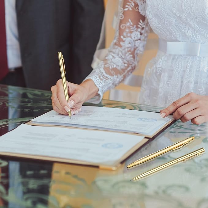 Fuutreo 25 Pack Wedding Gold Pens Bulk Gold Metal Pens Slim Ballpoint Retractable Ballpoint with Black Ink Mini Conical for Wedding Favors Guests, Office Business Teachers,1.0 mm