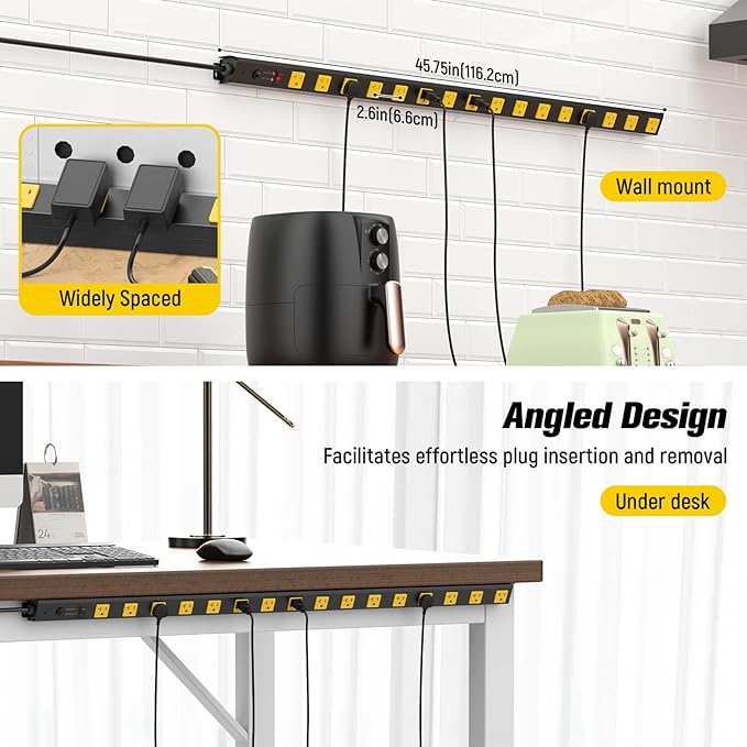 HHSOET 16 Outlet Long Power Strip, 6FT Heavy Duty Power Strip with 4800J Surge Protection, 20a Mountable Wide-Spaced Outlets for Home, Office, Garage & Workshop - ETL Certified