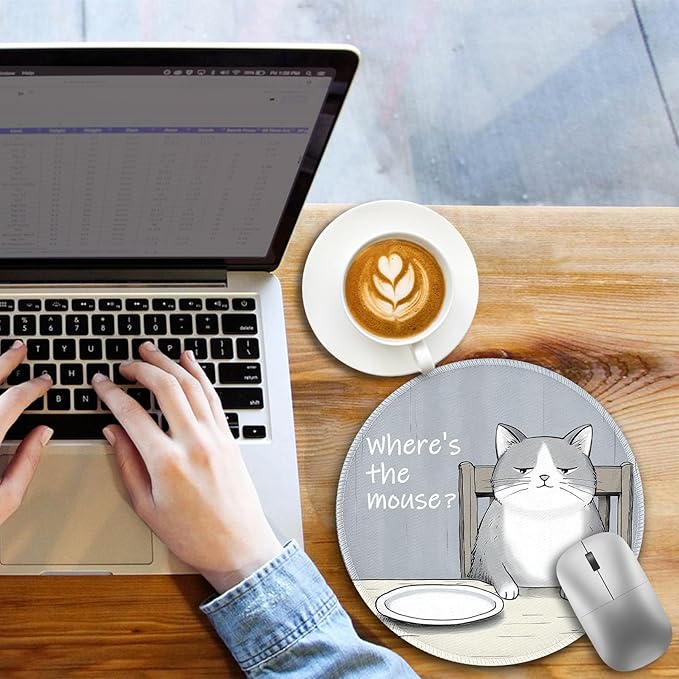 Funny Cat Mouse Pad, Grey Small Round Mouse Pads for Desk, Mini Travel Mousepad for Wireless Computer Laptop, Office Desk Accessories, Where's The Mouse, 8.6 x 8.6 inch