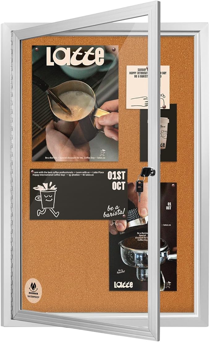 36x24 Inch Lockable Outdoor Enclosed Bulletin Board, Weatherproof Cork Noticeboard with Locking Door, Tamperproof Wall-Mounted Aluminum Frame Notice Poster Memo Board