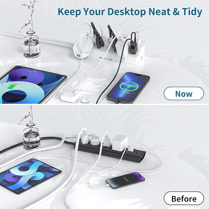 40W Fast Charging Station, Desk Clamp Power Strip, JXGUCAT Removable Desk Clamp Mount Power Strip Surge Protector, 2 USB-C Ports, 6 AC Outlets and 10ft Cord, Fits 1.8" Tabletop Edge