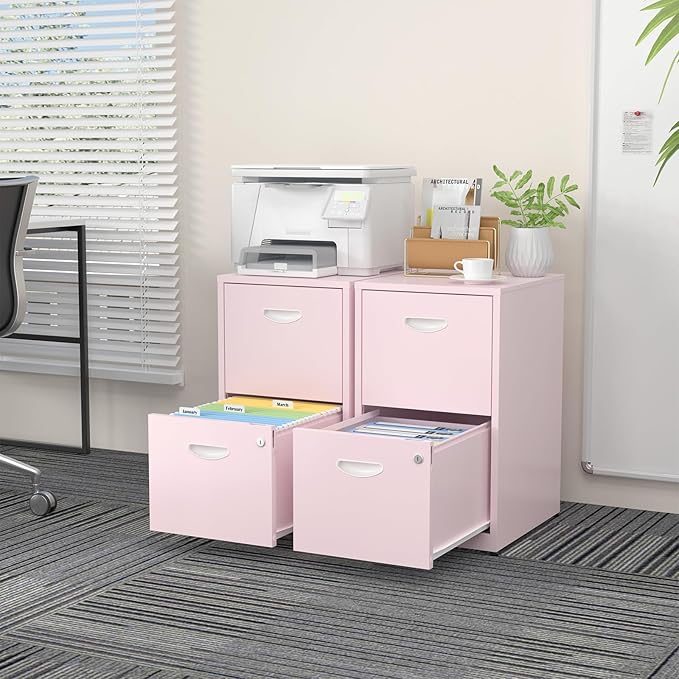2 Drawer File Cabinet with Lock,Pink Metal Office Drawers Filing Cabinets for Home Office, Two Drawer Under Desk File Cabinet for Hanging Letter,Easy Assemble