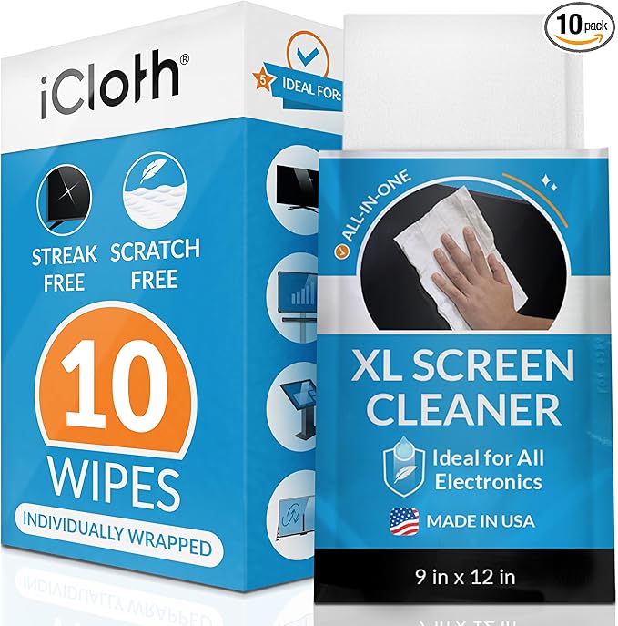 iCloth XL Screen Cleaning Wipes, Lint-Free and Streak-Free, Fast-Drying, Removes Dust, Fingerprints, and Smudges (10 XL Wipes)