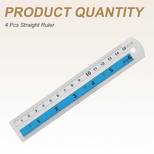 HARFINGTON 4pcs Metal Straight Ruler 15cm Metric SAE Aluminum Alloy Measuring Rulers Scale Tools with Hole for Measure Study Reading Classroom Office, Blue