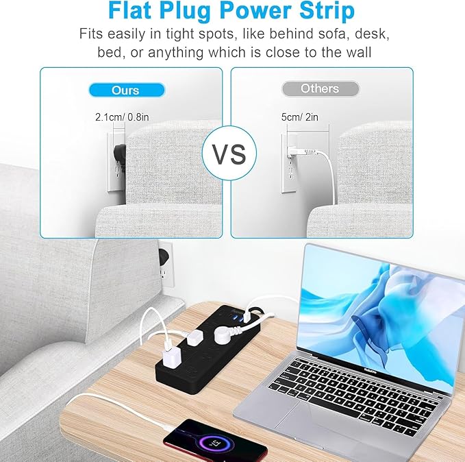 20 FT Power Strips with Surge Protection 1625W/13A, 10 Outlets with 4 USB Ports (1 USB C) Long Extension Cord with Multiple Outlets 14-in-1 1700J 16Awg Flat Plug Power Strip Protector Black ETL Listed