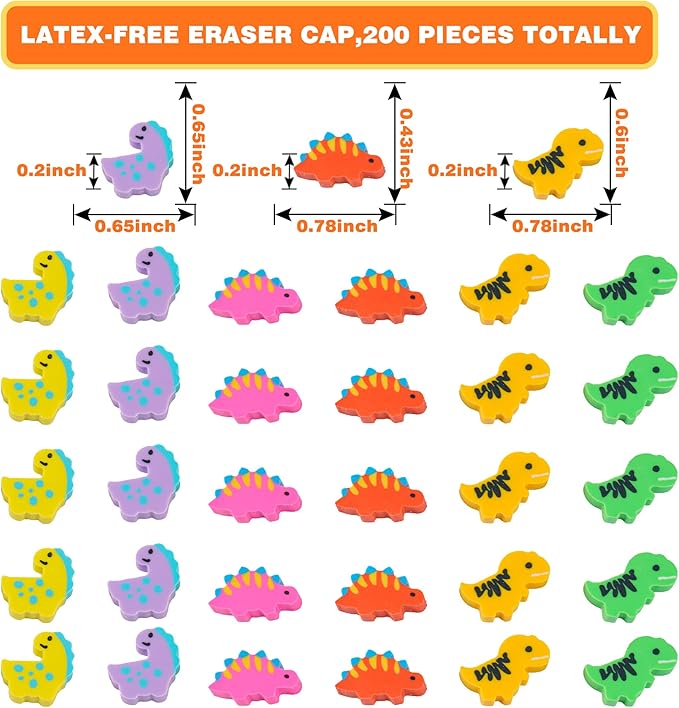 200 Pieces Mini Dinosaur Erasers Bulk Small Pencil Erasers Latex-Free Soft Erasers Pencil Erasers for for Classroom Homework Rewards, Party Favors, Gift Filling
