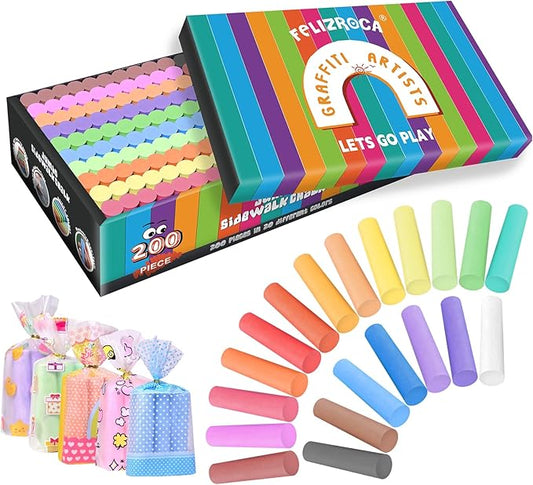 200 Pcs Sidewalk Chalk Set in 20 Assorted Colors, Non-Toxic Washable Bulk Chalk for Outdoor Ativity, School Chalkboard and Playground