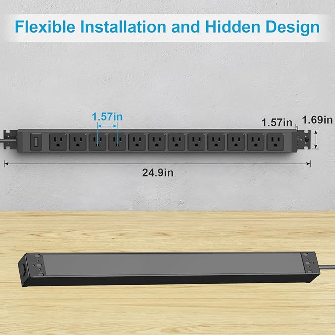 HHSOET 360° Rotating 12 Outlet Mountable Power Strip, Metal Gaming Table Mounted Outlet Strip, Heavy Duty Wall Mount Surge Protector with Switch, Works Great and Very Versatile, 15ft Power Cord.Black