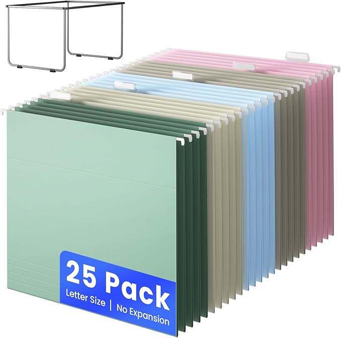 Hanging File Folders Letter Size, 25 Pack File Organizer Folders, 1/5-Cut Tabs with Hanging File Folder Frame, Heavy Duty No Extension, Stay Organized for Your Home and Office Bulk File