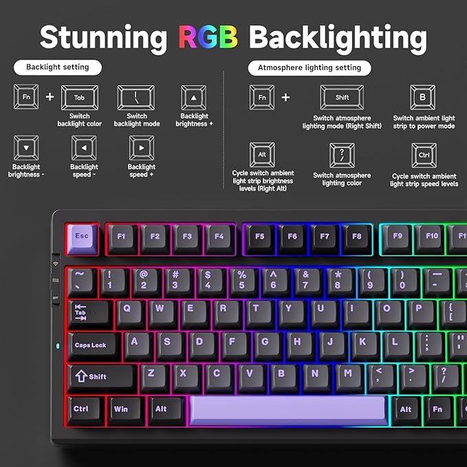 G98 PRO Wireless Mechanical Keyboard, Tri-Mode Connection Gaming Keyboard, Hot Swappable Custom Gasket Structure, Pre-lubed Linear Switches, Double Shot PBT Keycaps RGB LED Backlit Purple&Black