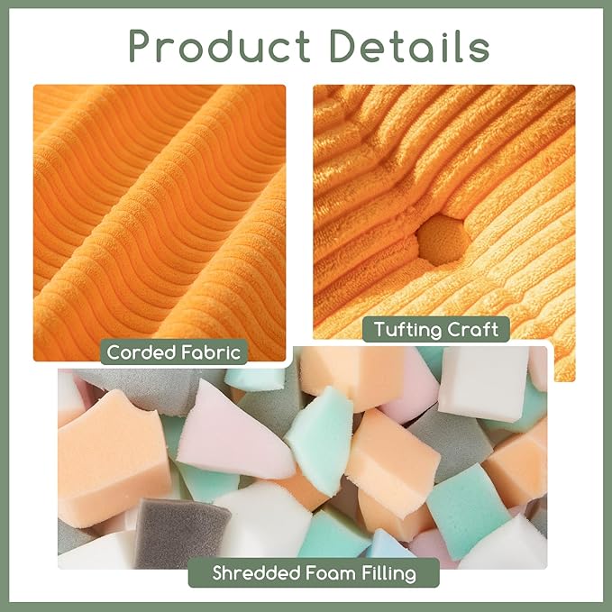 HIGOGOGO Square Stuffed Pouf Ottoman, Corduroy Poufs with Foam Chunk Filling, Furry and Fluffy Pouf Foot Stool Storage Ottoman, 21 X 21 Floor Poufs Foot Rest for Living Room, Orange