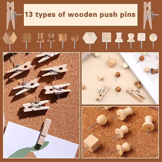 180 Pcs Wood Push Pins, 2 Colors and 7 Types Decorative Thumb Tacks Wooden Head Pin Map Tacks Marking Pin, Wood Thumb Tacks Decorative for Bulletin Boards Craft Projects with Storage Box