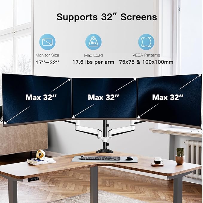 HUANUO Triple Monitor Stand - Full Motion Articulating Gas Spring Monitor Mount Fit Three 17 to 32 inch LCD Computer Screens with Clamp, Grommet Kit