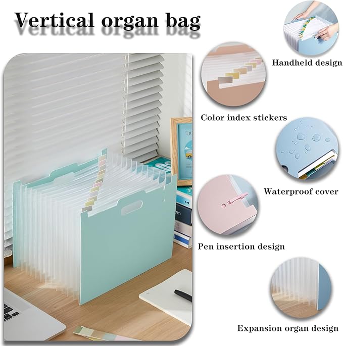 2-Piece Accordion Folder Manager, 12 Grid Expansion Pages, Upright and Open Portable Monthly Bill and Receipt Managers, Color Labels, School, Home, and Office letterhead/A4 Size Green