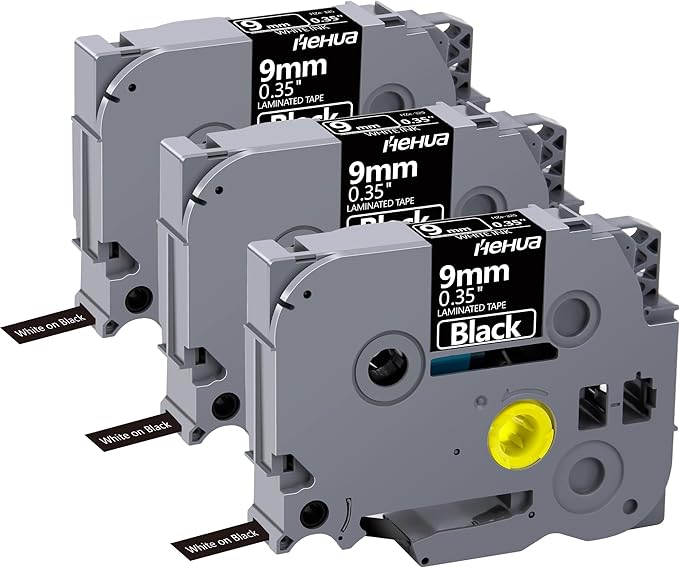 Hehua Tze Tz Tape 9mm 0.35 Laminated Black Tape Compatible for Brother P-Touch TZe-325 TZe325 TZ-325 TZ325 Label Tape for Ptouch PT D210 D200 D220 H110, 3/8'' x 26.2ft White on Black, 3 Pack