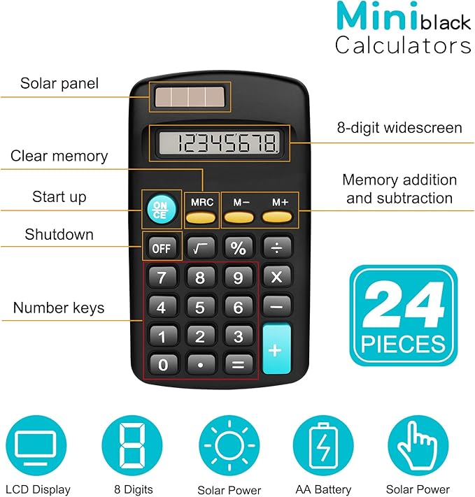 24 Pack Basic Mini Calculators - 8 Digit Display, Solar Battery & AC Power, Handheld for Office, School & Home