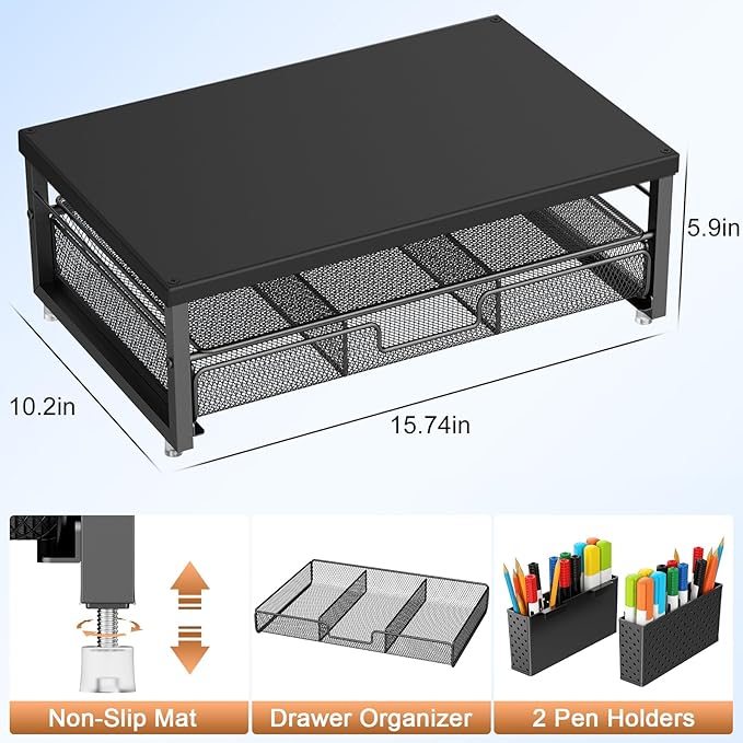 gianotter Wood Monitor Stand Riser, Office Desk Shelf Organizer, Desk Organizer with Drawer and Pen Holder, 2-Tier Computer Stand, Office Organization (Ink)