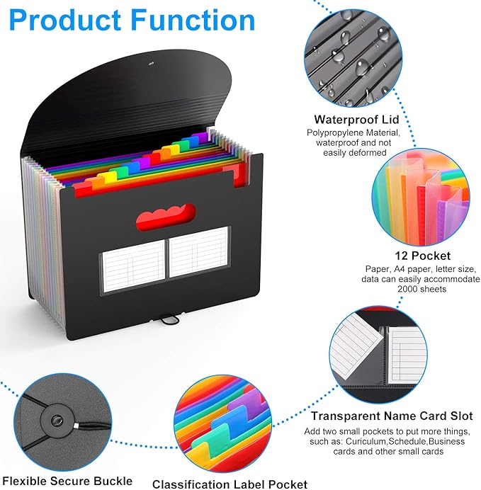 4 Pack Expanding File Folder with Blank Label, 12 Pocket Accordian File Organizer Document Storage Organizer, Desktop Accordion Folders File Keeper A4 Letter Size for Home School Office