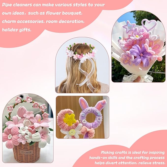 400 Pcs Craft Pipe Cleaners Flowers,4 Colors Chenille Stems Bulk with Floral Wires,Tape,Greeting Card,Bouquet Paper,Hot Glue Stick,Stamen & Ribbon, Holiday Gifts for Women,Men,Teens,Elder