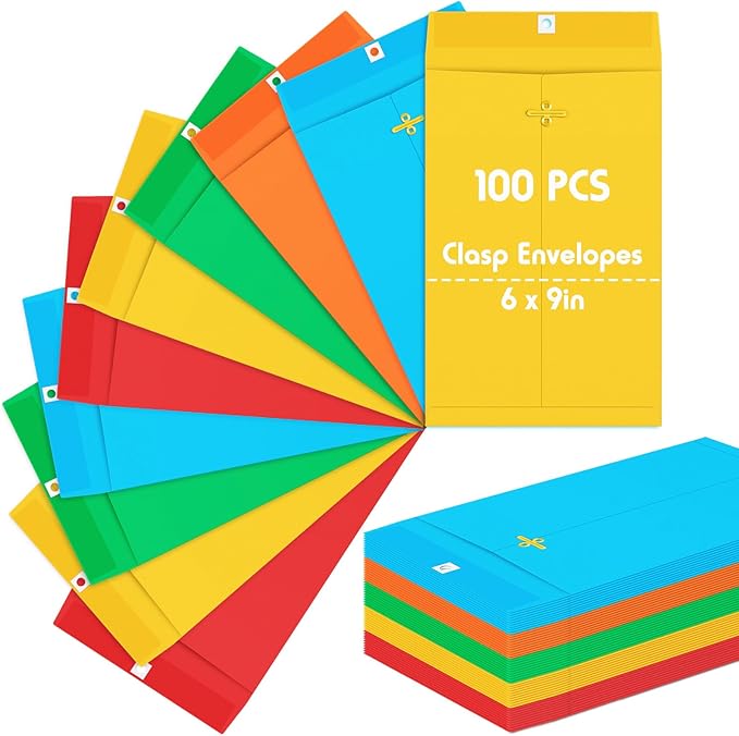 Geyee 100 Pcs Clasp Manilla Envelopes 6 x 9 Inch Gummed Colored Envelopes for Storing or Mailing for Home Office Business Supplies(Multicolor)