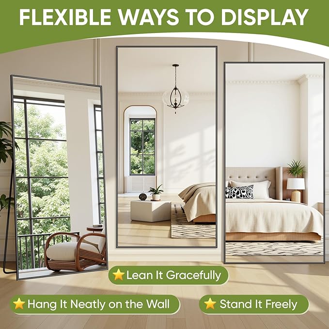 Full-Length Floor Mirror with Stand, 76"x34" Rectangle Style Full Body Standing Mirror for Bedroom, Living Room, Gym, Dorm - Shatter-Resistant & Easy Assembly, Black