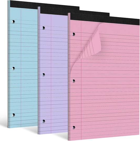 HAUTOCO 3 Pack 8.5 x 11 Legal Pads Colored Wide Ruled Notepads Perforated Writing Pads, 30 Sheets Per Notepad, 3-Hole Punched Paper, Writing Note Pads for School, Home, Office, Business