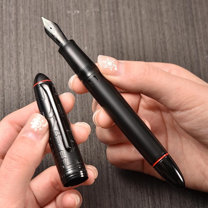 Hongdian N6 Black Metal Resin Piston Fountain Pen Black Long Blade Nib Classic Pen, Includes Metal Box Writing Pen
