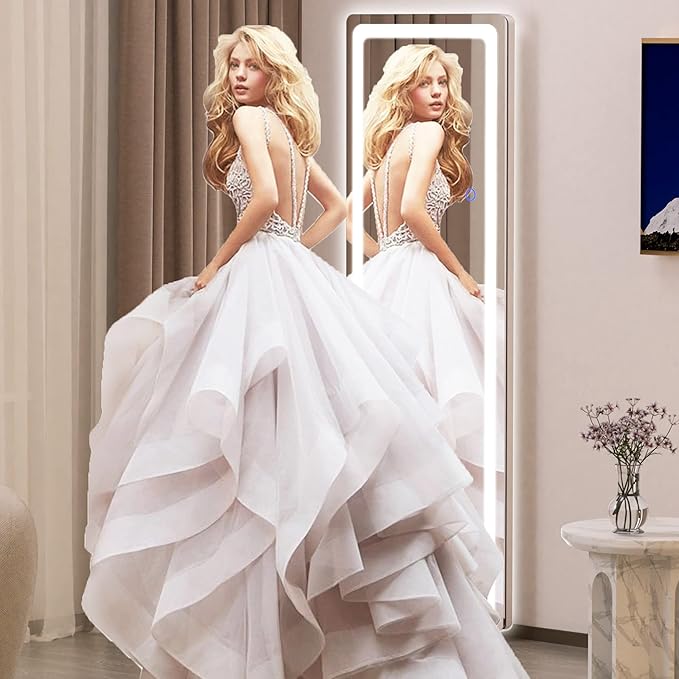 Hasipu Full Length Mirror with Lights, 56" x 20" LED Floor Mirror, Full Body Dressing Standing, Hanging Mounted Mirror for Living Room Bedroom Cloakroom, Round White