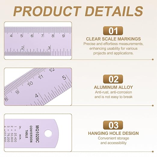 HARFINGTON 2pcs Metal Straight Ruler 15cm Metric SAE Aluminum Alloy Measuring Rulers Scale Tool with Hole for Measure Study Reading Classroom Office, Purple