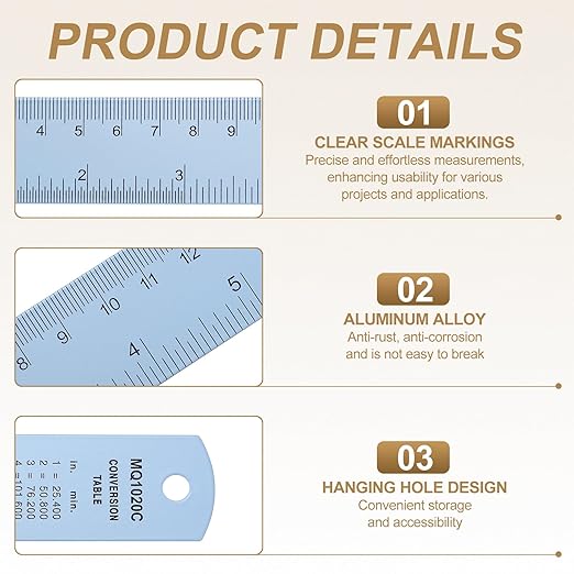 HARFINGTON 6pcs Metal Straight Ruler 20cm Metric SAE Aluminum Alloy Measuring Rulers Scale Tool with Hole for Measure Study Reading Classroom Office, Light Blue