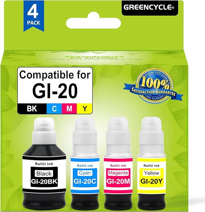 greencycle GI-20 GI20 Refill Ink Bottle Kit 4 Pack, Compatible for Canon PIXMA G6020 G7020 G5020 MegaTank Printer, 170mL Black Ink, 70mL Cyan Magenta Yellow Ink
