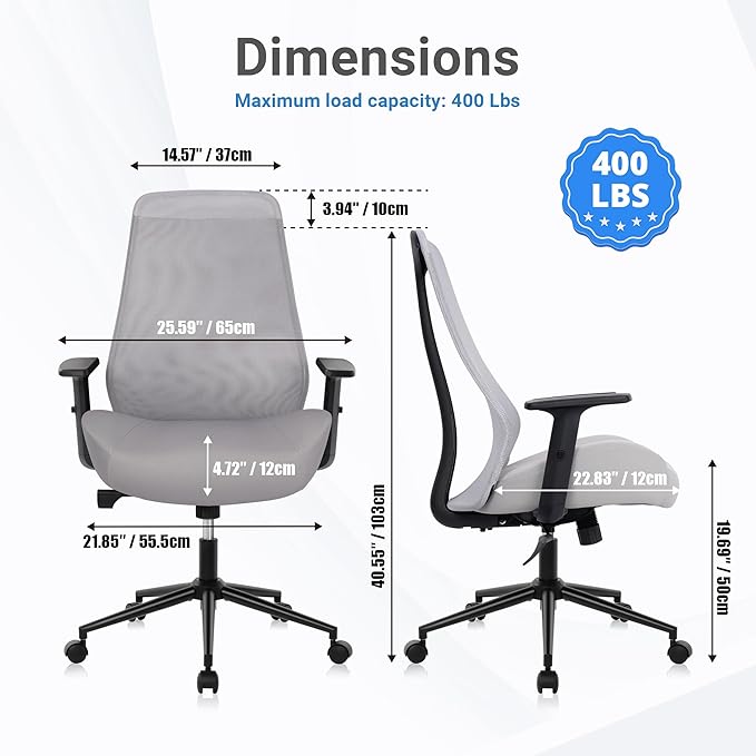 HYLONE Office Chair, 5" Thickened Seat Ergonomic Desk Chair with Adjustable Armrests, Home Office Computer Chairs for Long Hours Mesh Executive Chair(Black Base&Grey)